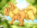  all_fours black_nose blackfury blonde_hair bruises chest_tuft doggy_position doggystyle eeveelution eyes_closed female feral feral_on_feral flareon from_behind fur hair hi_res long_ears male nature nintendo orange orange_fur outside pok&#233;mon pok&eacute;mon sex side_view straight tail tongue tree tuft video_games wallpaper water wood yellow 