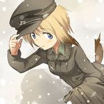  adjusting_clothes adjusting_hat blonde_hair blue_eyes blush brown_hair erica_hartmann hat looking_at_viewer military military_uniform multicolored_hair shadow short_hair snow solo strike_witches tail tsuchii_(ramakifrau) two-tone_hair uniform world_witches_series 