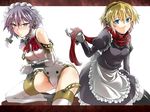  aegis_(persona) aegis_(persona)_(cosplay) android apron bare_shoulders blonde_hair blue_eyes blush bow braid breasts colorized cosplay costume_switch covered_nipples crossover detached_sleeves dress izayoi_sakuya izayoi_sakuya_(cosplay) letterboxed looking_at_viewer maid maid_headdress multiple_girls outside_border persona persona_3 purple_eyes purple_hair scarf segami_daisuke short_hair small_breasts sweatdrop thighhighs touhou twin_braids 