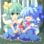  animal_ears ascot blue_dress blue_hair bow box chibi cirno closed_eyes daiyousei dog_ears dog_tail dress forest gift gift_box green_eyes green_hair hair_bow holding holding_gift kemonomimi_mode multiple_girls nature nullpooo open_mouth short_hair sitting smile tail touhou v_arms 
