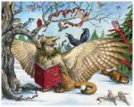  avian beak bird blue_jay book canine cardinal_(bird) christmas christmas_tree corvid crow dipstick_tail feral flying fox gryphon holding_object holidays holly_(plant) lying mammal multicolored_tail outside plant red_fox ribbons rodent sitting sky snow squirrel talons tree windfalcon 