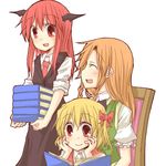  :d ^_^ bat_wings blonde_hair blush book bow braid brown_hair carrying chair chin_rest china_dress chinese_clothes closed_eyes dress dress_shirt flandre_scarlet hair_bow hands_on_own_cheeks hands_on_own_face happy head_wings hong_meiling koakuma long_hair multiple_girls natsuk necktie no_hat no_headwear open_book open_mouth reading red_eyes red_hair red_neckwear shirt side_ponytail simple_background sitting sitting_on_lap sitting_on_person smile touhou twin_braids vest white_background wings 