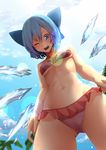  1girl ;o ass_visible_through_thighs bad_id bad_pixiv_id bikini blue_eyes blue_hair blue_sky blush bow breasts cirno day frilled_bikini frills from_below hair_bow hair_ornament hairclip highres lens_flare medium_breasts navel older one_eye_closed open_mouth outdoors palm_tree red_bikini short_hair sky solo swimsuit teenage touhou tree underboob wings yoo_(tabi_no_shiori) 