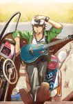  arm_rest bad_id bad_pixiv_id book bracelet brown_eyes brown_hair cabbie_hat car facial_hair ground_vehicle guitar hand_on_headwear hat instrument jewelry kaburagi_t_kotetsu left-hand_drive male_focus motor_vehicle necktie reducto solo stubble tiger_&amp;_bunny vest waistcoat watch wristwatch 