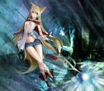  animal_ears ankle_lace-up asymmetrical_clothes bad_id bad_pixiv_id bare_legs blonde_hair blue_eyes boots breasts cape cave center_opening cleavage cross-laced_footwear cutoffs denim denim_shorts fingerless_gloves fox_ears fox_tail gloves long_hair maco medium_breasts open_fly original short_shorts shorts smile solo staff sunburst tail thigh_gap unzipped 