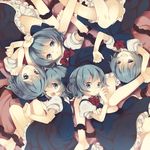  bad_id bad_pixiv_id blue_dress blue_eyes blue_hair bow cirno clone dress grin hair_bow half_updo lying maki_(natoriumu) multiple_girls multiple_persona no_wings on_back on_side one_eye_closed open_mouth ribbon short_hair smile touhou 