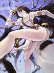  angel_wings angry black_hair black_wings breasts detached_sleeves dress feathers from_below kicking large_breasts legs long_hair long_legs mabinogi morrighan nezumipl sideboob thighs white_eyes wings 