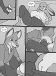  2018 anthro areola bed big_breasts breasts canine clothed clothing comic dialogue digital_media_(artwork) dipstick_ears disney duo english_text eyes_closed female fox freckles_(artist) gloves_(marking) greyscale judy_hopps lagomorph licking male male/female mammal markings monochrome nick_wilde nipples on_bed pussy rabbit text tongue tongue_out topless url zootopia 