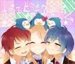  2boys bandaid bird blush bow brown_hair closed_eyes copyright_name hair_bow happy long_hair mawaru_penguindrum multiple_boys necktie one_eye_closed open_mouth penguin penguin_1-gou penguin_2-gou penguin_3-gou red_hair school_uniform short_hair siblings smile takakura_himari takakura_kanba takakura_shouma tayako teeth 