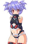  altines arms_behind_back bad_id bad_pixiv_id bare_shoulders blue_hair blush busou_shinki dd_(ijigendd) doll_joints midriff navel red_eyes solo thigh_gap thighs twintails 