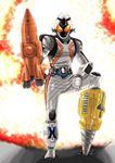  antennae belt drill explosion full_body highres kamen_rider kamen_rider_fourze kamen_rider_fourze_(series) male_focus rocket solo toryuu 