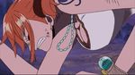  animated animated_gif bouncing_breasts breasts cleavage eyes_closed large_breasts lowres nami nami_(one_piece) one_piece red_hair sexually_suggestive suggestive thriller_bark 