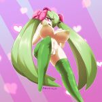  &lt;3 2018 big_breasts blush breasts clothing female hair humanoid kirlia legwear long_hair looking_at_viewer mostly_nude navel nintendo nipples open_mouth pigtails pink_eyes pok&eacute;mon pok&eacute;mon_(species) pussy ribbons simple_background smile solo stockings video_games zedrin 