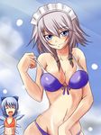  bare_shoulders bikini blue_eyes blue_hair blush bow breasts cirno cleavage closed_eyes cloud day fairy front-tie_top hair_bow highres izayoi_sakuya large_breasts maid_headdress midriff multiple_girls navel nishi_koutarou short_hair silver_hair smile sunlight swimsuit teasing touhou wings 
