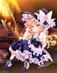 apron blonde_hair blush book braid chibi feathers gloves hands_on_headwear hat inkwell kirisame_marisa open_mouth quill shinia shirt sitting skirt skirt_set solo table touhou white_gloves witch_hat yellow_eyes 