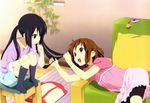  artist_request bag bike_shorts black_hair black_legwear brown_eyes brown_hair cellphone cellphone_charm chair couch dress feet hair_tousle highres hirasawa_yui k-on! long_hair lying multiple_girls nakano_azusa no_shoes official_art on_side open_mouth phone pillow red_eyes round_teeth shorts sitting socks suspenders teeth twintails 