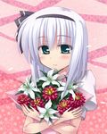  bangs blue_eyes blush bouquet closed_mouth crossed_arms eyebrows_visible_through_hair flower hair_ribbon holding konpaku_youmu lily_(flower) medium_hair pink_background puffy_short_sleeves puffy_sleeves ribbon short_sleeves silver_hair smile solo toshihiro touhou upper_body 