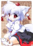  animal_ears argyle argyle_background detached_sleeves dog fang hat highres inubashiri_momiji iwaki_hazuki open_mouth paws puppy red_eyes seiza short_hair sitting skirt smile solo tail tokin_hat touhou white_hair wolf wolf_ears wolf_tail 