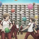  3girls apartment commentary_request dodgeball fence gym_uniform multiple_boys multiple_girls original track_suit yajirushi_(chanoma) 