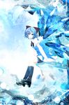  :o bad_id bad_pixiv_id benio_(dontsugel) black_legwear blue blue_eyes blue_hair blush bow cirno dress hair_bow highres ice ice_wings kneehighs loafers looking_back open_mouth shoes short_hair sitting solo touhou tsurime wings 