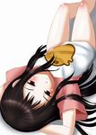  ar_tonelico ar_tonelico_ii bare_legs black_hair blush inumori_sayaka jakuri legs long_hair lying no_pants on_back raglan_sleeves red_eyes solo 