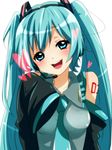  aqua_eyes aqua_hair blush detached_sleeves face hatsune_miku head_tilt headset heart long_hair necktie negiko open_mouth simple_background sleeves_past_wrists smile solo twintails vocaloid 