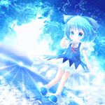  bloomers blue_eyes blue_hair blush bow cirno cloud dress hair_bow horizon open_mouth short_hair solo touhou underwear wings yuya_(minus-k) 