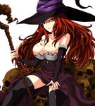  bare_shoulders breasts bridal_gauntlets cleavage dragon's_crown dress hat huge_breasts long_hair mozu_taiya red_eyes red_hair skull solo sorceress_(dragon's_crown) staff strapless strapless_dress thighhighs witch_hat 