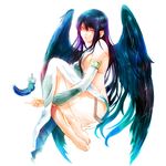  angel_wings barefoot bibiko black_hair black_wings detached_sleeves dress feathers half_updo long_hair mabinogi morrighan white_eyes wings 