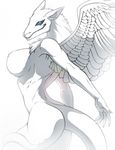  back big_breasts blue_eyes breasts claws female hair long_hair looking_at_viewer looking_back meera naturally_censored nude plain_background prehensile_tail side_boob side_view solo standing synx tail walter_sache white white_background white_body white_hair wings 