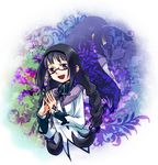  akemi_homura bad_id bad_pixiv_id black_hair braid capelet dual_persona from_behind glasses hair_bobbles hair_ornament hairband long_hair magical_girl mahou_shoujo_madoka_magica multiple_girls purple_eyes red-framed_eyewear ribbon tatsuri_(forest_penguin) tears twin_braids 