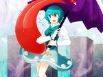  blue_eyes blue_hair heterochromia karakasa_obake nagihara_rion open_mouth purple_umbrella red_eyes short_hair skirt solo sweatdrop tatara_kogasa tombstone tongue touhou umbrella 