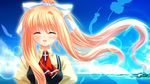  air bad_id bad_pixiv_id blonde_hair bow close-up closed_eyes cloud cross feathers hair_bow kamio_misuzu long_hair ocean ponytail school_uniform sky smile solo upper_body very_long_hair yuzuki_sora 