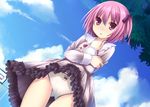  blush cameltoe cloud day dutch_angle hair_ribbon looking_at_viewer minato_tomoka mole one_side_up open_mouth panties pantyshot paw_print pink_eyes ribbon rou-kyuu-bu! ryo school_uniform short_hair skirt sky solo tsurime underwear upskirt white_panties wind wind_lift 