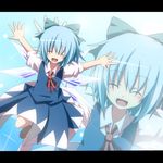  blue_dress blue_hair blush bow cirno closed_eyes do_(4-rt) dress hair_bow letterboxed open_mouth outstretched_arms short_hair smile solo touhou wings 