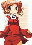  aoki_ume blush bolo_tie double_bun hidamari_sketch hiro looking_at_viewer official_art red_eyes red_hair school_uniform short_hair skirt skirt_set smile solo string_tie striped striped_background 