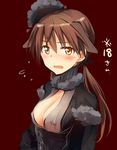  animal_ears blush breasts brown_hair cleavage gertrud_barkhorn hair_ornament long_hair medium_breasts open_mouth simple_background solo strike_witches tsuchii_(ramakifrau) twintails upper_body world_witches_series yellow_eyes 
