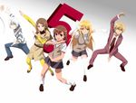  3boys 3girls 5 accelerator bad_id bad_pixiv_id blonde_hair brown_eyes brown_hair choker constricted_pupils elbow_gloves gloves hair_ornament hairpin highres kakine_teitoku long_hair misaka_mikoto momoiro_tanuki mugino_shizuri multiple_boys multiple_girls number out_of_frame pantyhose parody pleated_skirt school_uniform shirt shokuhou_misaki short_sleeves simple_background skirt socks sogiita_gunha spider_web_print striped striped_shirt suzumiya_haruhi_no_yuuutsu sweater_vest symbol-shaped_pupils thighhighs to_aru_majutsu_no_index uniform white_background white_gloves white_hair white_legwear yellow_eyes yellow_legwear zettai_ryouiki 