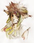  brown_eyes brown_hair facial_mark grandia grandia_i headband jewelry male_focus necklace pointy_ears portrait rapp_(grandia) sleeveless solo tattoo traditional_media upper_body watercolor_(medium) xmenoux 