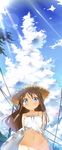  arms_behind_back bare_shoulders blue_eyes blush bottomless brown_hair cloud collarbone day dress dress_lift groin hat highres ichi_makoto lens_flare light_rays long_hair long_image looking_at_viewer navel no_panties original out-of-frame_censoring power_lines see-through sky smile solo straw_hat sunbeam sundress sunlight tall_image telephone_pole upper_body wind wind_lift 