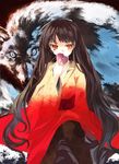  black_hair copyright_request dress heart japanese_clothes long_hair looking_at_viewer orange_eyes pantyhose red_eyes shunsei_(muratou) wolf 