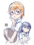  adjusting_eyewear apron bespectacled blush borrowed_garments brown_eyes glasses hair_ornament hairclip hairpin hand_on_hip inami_mahiru long_hair matsumoto_maya multiple_girls no_eyewear open_mouth orange_hair purple_eyes purple_hair red-framed_eyewear semi-rimless_eyewear short_hair sketch tray under-rim_eyewear waitress working!! yoshikawa_kazunori 