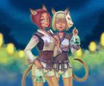  animal_ears bag bagged_fish blonde_hair blue_eyes closed_eyes collar final_fantasy final_fantasy_xi fish fox_mask goldfish hairband japanese_clothes kimono looking_at_viewer mask mithra multiple_girls night open_mouth red_hair short_hair short_kimono shorts sleeveless sleeveless_kimono smile standing summer summer_festival tail takatsuki_kahiro yukata 