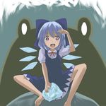  animal barefoot blue_bow blue_dress blue_eyes blue_hair blue_ribbon bow cirno dress face frog frozen frozen_frog hair_bow hair_ribbon ice ice_wings miyo_(ranthath) oogama open_mouth oversized_animal puffy_short_sleeves puffy_sleeves ribbon short_sleeves sitting smile solo spread_legs touhou wings 