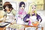  apron baking biscuit blonde_hair christian cross hairclip hijab islam jews kitchen muslim scarf star_of_david 