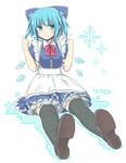  alternate_costume apron black_legwear blue_eyes blue_hair blush bow cirno dress hair_bow hair_ornament hairclip kneehighs lockheart short_hair skirt smile snowflakes solo thighhighs touhou wings 