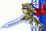  blue blue_body blue_hair boots excalibur_sonic gauntlets gold green_eyes hair hedgehog helmet looking_at_viewer male mammal maruringo sega solo sonic_(series) sonic_and_the_black_knight sonic_the_hedgehog sword wallpaper weapon 