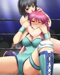  black_eyes black_hair blue_leotard boots breasts cleavage digdug006 grey_eyes highres large_breasts leotard mighty_yukiko minami_toshimi multiple_girls pink_hair purple_eyes rear_naked_choke submission_hold sweat tears wrestle_angels wrestle_angels_survivor wrestling 