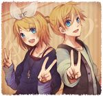  1girl bad_id bad_pixiv_id blonde_hair blue_eyes brother_and_sister casual chizu_(fiute) hair_ornament hair_ribbon hairclip highres jewelry kagamine_len kagamine_rin nail_polish necklace open_mouth ribbon short_hair siblings smile twins v vocaloid 