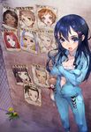  blue_eyes blue_hair breasts center_opening character_request cleavage crossed_arms dengeki_bunko hair_ornament hairclip hitowa long_hair lowres medium_breasts navel nun poster_(object) solo stuffed_toy unzipped wanted 